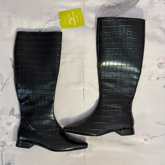 NEW Gianni Bini Black Leather Pointy Toe Croc Emboss Low Heel Knee High Boots 6- - Picture 10 of 14